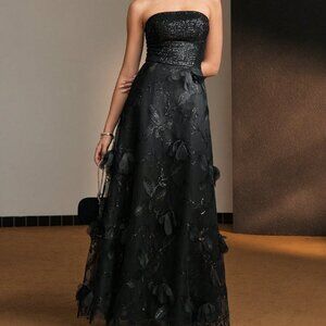 Black Party Women's Sequins Bodice Flower Embroidery Mesh Flare Long Dress